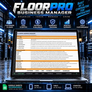 Może przedstawiać: Ekran laptopa wyświetlający interfejs arkusza kalkulacyjnego FloorPro Business Manager. Oprogramowanie zawiera karty dla pulpitu nawigacyjnego, leadów, zleceń, płatności, gwarancji i dostosowywania, wraz z instrukcjami zarządzania firmą.