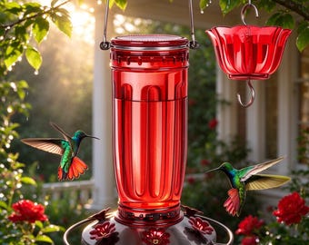 Kolibri-Futterspender aus mundgeblasenem Glas, auslaufsicher, mit Bienenschutz, 6 Öffnungen, ideal für die Frühlingsvogelwanderung, 473 ml Fassungsvermögen, leicht nachfüllbar, sauber