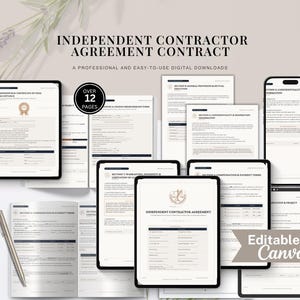 May include: A digital independent contractor agreement contract template featuring over 12 pages of text, including sections for compensation, payment terms, and warranties. The document is editable in Canva and includes a silver pen.