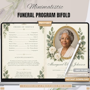 Modello Canva per programma funebre pieghevole in formato US Letter, programma per cerimonia commemorativa, ordine di servizio per la celebrazione della vita, stampabile.