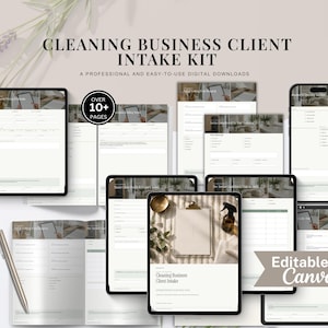 May include: A digital cleaning business client intake kit featuring over 10 pages of editable forms. The set includes various document layouts with text fields, checkboxes, and headers, all displayed on tablet screens and paper sheets. Editable in Canva.