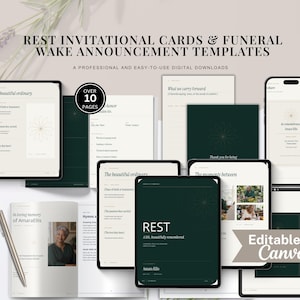 May include: A collection of digital funeral wake announcement and invitational card templates featuring dark green and cream color schemes, minimalist typography, and floral line art graphics, presented on various tablet and smartphone screens.
