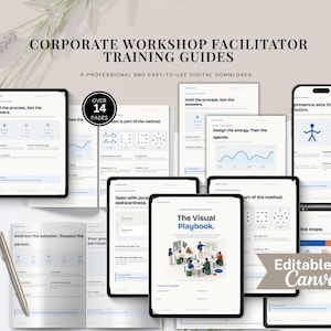 May include: Corporate workshop facilitator training guides digital download featuring multiple pages with text, diagrams, and illustrations. Includes the title The Visual Playbook, editable in Canva, and a silver pen. Over 14 pages total.