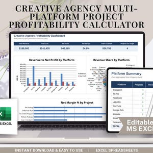Può includere: Un calcolatore di redditività per progetti multi-piattaforma di un'agenzia creativa visualizzato su schermo di laptop e tablet, con grafici, tabelle dei ricavi e un'icona MS Excel per fogli di calcolo modificabili.