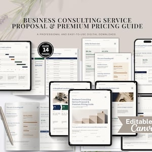 Op de afbeelding: Een digitale sjabloonset voor zakelijke adviesvoorstellen en premium prijsgidsen met meer dan 14 pagina's aan bewerkbare documenten, grafieken en tabellen op tablets en smartphones, inclusief een zilveren pen.