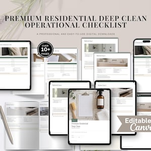 May include: A digital Premium Residential Deep Clean Operational Checklist with over 10 pages, displayed on multiple tablets and smartphones. The documents feature cleaning grids, zone instructions, and a text overlay stating Editable in Canva.