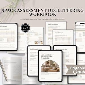 Può includere: Una cartella di lavoro digitale per la valutazione e il decluttering degli spazi di oltre 10 pagine, con vari modelli di pianificazione, liste di controllo e matrici. Il documento include intestazioni di testo, tabelle e una foto.