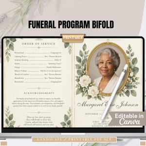 Könnte beinhalten: Eine faltbare Trauerprogramm-Vorlage mit cremefarbenem Hintergrund, grünen Aquarellblättern und weißen Rosen. Das Design enthält einen ovalen Goldrahmen für ein Porträt, den Text Margaret Elise Johnson und einen Ablaufplan.