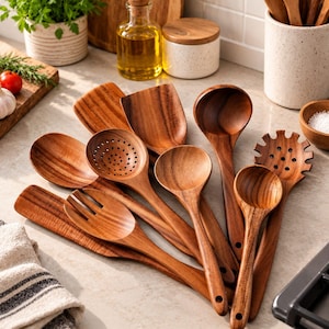 May include: A collection of brown wooden kitchen utensils including a slotted spoon, a solid spoon, a pasta server, a spatula, and a fork. Each piece features a smooth, polished finish with visible wood grain patterns and a small hole at the handle.