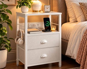 Farmhouse-Style Bedside Table with Charging Station, White Bedside Table with USB, Wood Bedside Table, Country Style Nightstand With Drawer