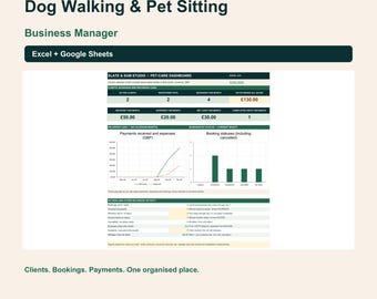 Hoja de cálculo para negocios de paseo de perros / Seguimiento de clientes y reservas de cuidado de mascotas / Excel y Google Sheets