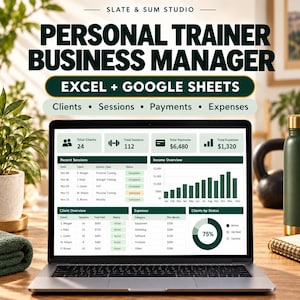 Personal Trainer Business Manager | Excel + Google Sheets | Clients, Sessions, Payments & Expenses