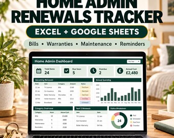 Home Admin Tracker | Excel + Google Sheets for Bills, Warranties, Maintenance (Digital Download)