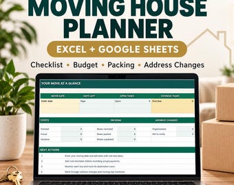 Moving House Planner | Excel + Google Sheets Checklist, Budget, Packing (Digital Download)