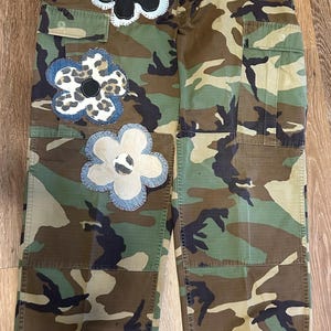 Upcycled Camo Cargo Pants with Handmade Floral Patches