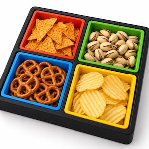 Peut inclure: Un plateau de service rectangulaire noir avec quatre bols carrés amovibles rouge, vert, bleu et jaune. Le bol rouge contient des chips de tortilla orange, le vert des pistaches, le bleu des bretzels et le jaune des chips de pomme de terre ondulées.