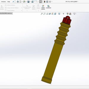 May include: A 3D computer-aided design model of a cylindrical object displayed in SolidWorks software. The object features a long, smooth, olive-coloured lower section, a ribbed midsection, and a small, dark red cap with a loop at the top.