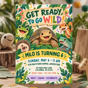 Reptile Birthday Party Invitation, Animal Encounter Backyard Zoo, Snake Frog Tortoise, Editable Canva Template