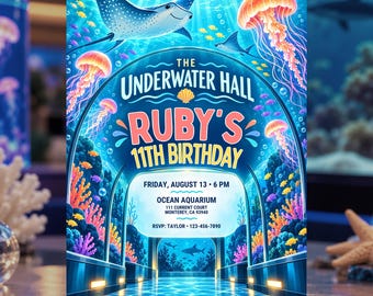 Aquarium Birthday Invitation, Underwater Tunnel Jellyfish Manta Ray, Under the Sea, Editable Canva Template
