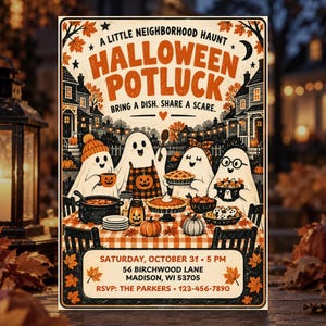 Op de afbeelding: Een Halloween-potluck uitnodigingsflyer met vier geesten aan een tafel met eten. De tekst luidt: A LITTLE NEIGHBORHOOD HAUNT HALLOWEEN POTLUCK BRING A DISH. SHARE A SCARE. SATURDAY, OCTOBER 31 5 PM 56 BIRCHWOOD LANE MADISON, WI 53705 RSVP: THE PARKERS 123-456-7890.