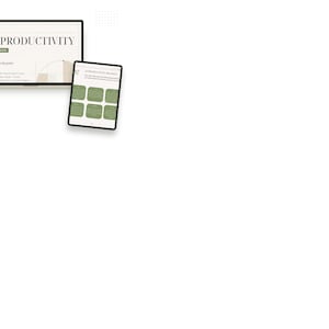 May include: A laptop, a tablet, and a small document displaying the AI PRODUCTIVITY WORKBOOK. The screens feature a white background with sage green accents, geometric line art, and structured text layouts for organizing digital tasks and notes.
