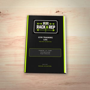 Puede incluir: Un registro de entrenamiento de gimnasio negro con detalles en verde neón. La portada presenta el texto RACK & REP con un icono de barra, las palabras GYM TRAINING LOG y la frase TRAIN HARD. LOG EVERYTHING. También indica Printable PDF, A5, 11 pages.