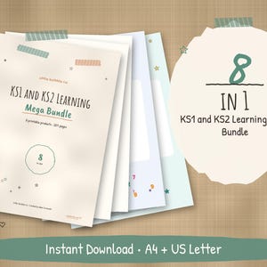 Pode incluir: Uma pilha de documentos educativos imprimíveis intitulada KS1 and KS2 Learning Mega Bundle, contendo 8 produtos imprimíveis e 207 páginas. O conjunto inclui um gráfico circular com o texto 8 IN 1 e formatos A4 e US Letter.