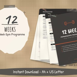 May include: A 12-week gym programme document set featuring a dark cover with an orange dumbbell icon, the text 12 WEEK HYPERTROPHY PROGRAMME, and a list of features. Includes a white paper cutout with 12 WEEKS 12-Week Gym Programme text.