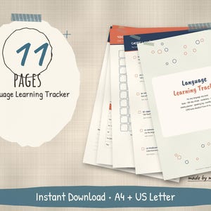 Planificador de aprendizaje de idiomas imprimible, registro de vocabulario, planificador de estudio, racha de práctica de 100 días, lista de verificación del MCER, cualquier idioma, A4 y carta