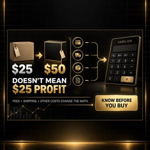 May include: An infographic featuring a brown box and a black box with the text $25 DOESN'T MEAN $25 PROFIT. It includes icons for payment, shipping, packaging, and documents, a VARELIOX calculator, and the text KNOW BEFORE YOU BUY on a gold button.