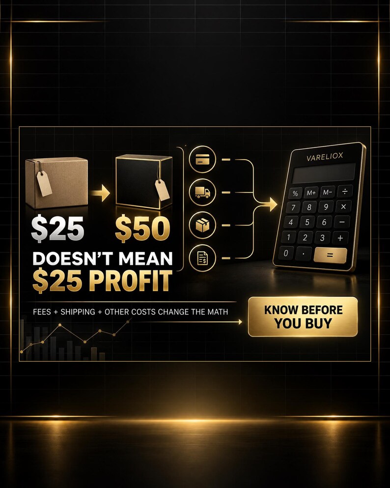 May include: An infographic featuring a brown box and a black box with the text $25 DOESN'T MEAN $25 PROFIT. It includes icons for payment, shipping, packaging, and documents, a VARELIOX calculator, and the text KNOW BEFORE YOU BUY on a gold button.