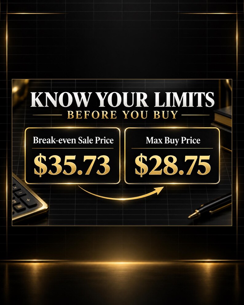 May include: A black and gold graphic with the text KNOW YOUR LIMITS BEFORE YOU BUY. Two rectangular boxes display Break-even Sale Price $35.73 and Max Buy Price $28.75, with a gold arrow connecting them, alongside a calculator and a pen.