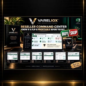 May include: A VARELIOX Reseller Command Center Excel template displayed on a laptop screen, featuring a dashboard with financial metrics, a Buy/Skip graphic, a branded mug, and six smaller icons representing product analysis and inventory tools.