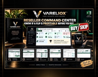May include: A VARELIOX Reseller Command Center Excel template displayed on a laptop screen, featuring a dashboard with financial metrics, a Buy/Skip graphic, a branded mug, and six smaller icons representing product analysis and inventory tools.