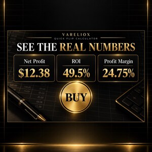 May include: A Vareliox Quick Flip Calculator digital display featuring the text SEE THE REAL NUMBERS, with data fields for Net Profit at $12.38, ROI at 49.5%, and Profit Margin at 24.75%, alongside a gold BUY button, a black pen, and a calculator.