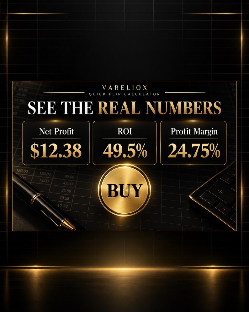 May include: A Vareliox Quick Flip Calculator digital display featuring the text SEE THE REAL NUMBERS, with data fields for Net Profit at $12.38, ROI at 49.5%, and Profit Margin at 24.75%, alongside a gold BUY button, a black pen, and a calculator.