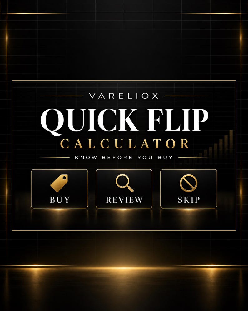May include: A black digital interface titled VARELIOX QUICK FLIP CALCULATOR with the tagline KNOW BEFORE YOU BUY. It features three gold-colored icons and labels: a price tag labeled BUY, a magnifying glass labeled REVIEW, and a circle with a slash labeled SKIP.