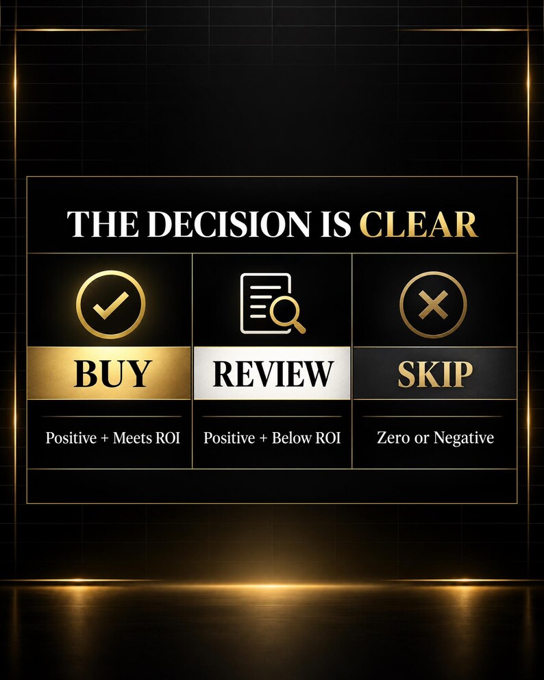 May include: A black graphic chart titled THE DECISION IS CLEAR with three columns. The first shows a checkmark and BUY for Positive + Meets ROI. The second shows a document icon and REVIEW for Positive + Below ROI. The third shows an X and SKIP for Zero or Negative.