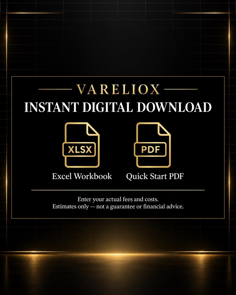 May include: A black digital graphic with gold accents featuring the text VARELIOX INSTANT DIGITAL DOWNLOAD. It displays two document icons labeled XLSX Excel Workbook and PDF Quick Start PDF, with text stating Enter your actual fees and costs.