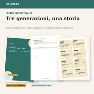 Può includere: Un kit digitale per raccogliere storie di famiglia con una copertina verde scuro con il testo Family Story Vault, una pagina con il titolo 01 La casa in cui vivevo e otto schede beige con domande in lingua italiana.
