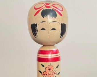 Vintage Japanese Kokeshi Wooden Doll 18 cm with Blossom Decoration