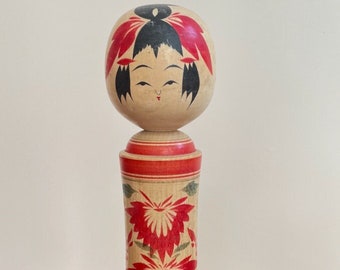 Vintage Japanese Kokeshi Wooden Doll 24cm with Chrysanthemum Decoration