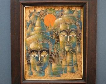 Vintage Abstract Thai Buddha Woodcut painting