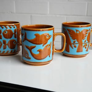 Vintage Hornsea Mug(3), 1970s England by John Clappison. Fish, Birds, Dolphins