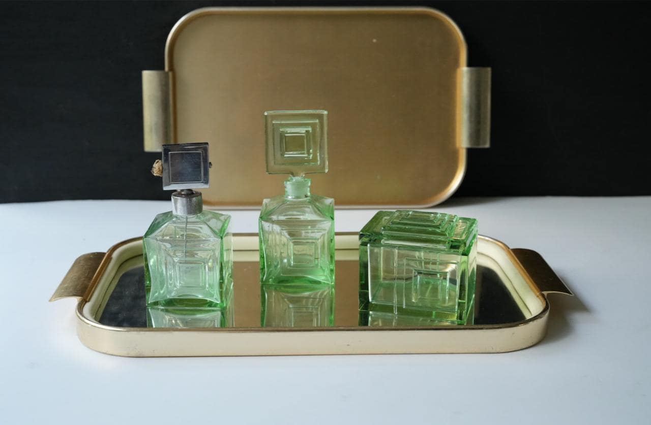 art deco green glass dressing table set Green Glass Dressing Table Set Art Deco main image 0