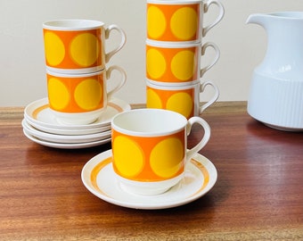 Carrigaline Set Of Six Cups and Saucers Orange and yellow spots. 1980s Retro