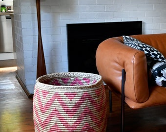 Large Vintage Pink Tutsi Cylinder Sisal Floor Basket