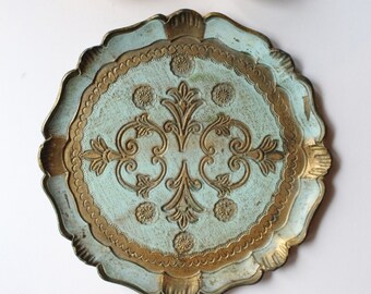 Italian Hand Painted Florentine Tray Gilt and pale Turquoise