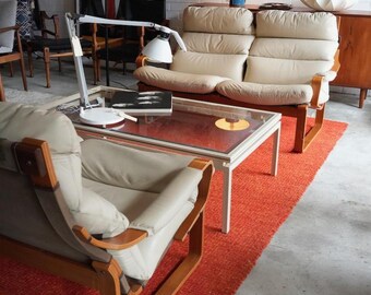Tessa T8 Pair of Two Seater Lounge Chairs in Beige Leather, Fred Lowen Australia. PICK UP Sydney