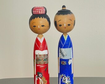 Pair of Vintage Japanese Kokeshi Wooden Dolls